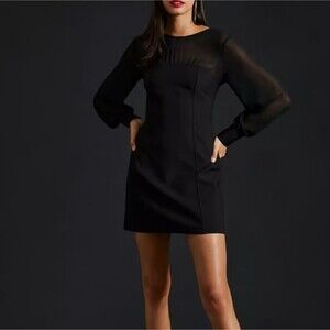 Maeve Sheer Long Sleeve Fitted Mini Dress in Black